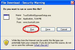 Click Run or Open to Download and Install TrustSoft AntiSpyware!