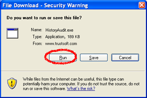 Click Run or Open to Download and Install HistoryAudit!